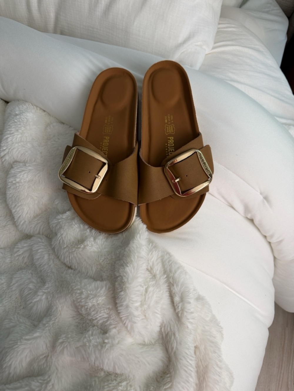 Project Cloud Tan Slides with Gold Buckle